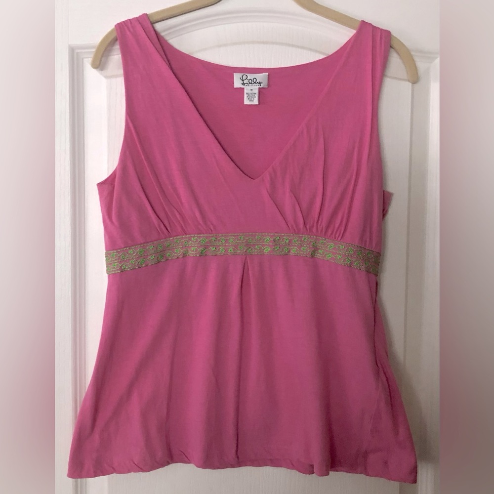 LILLY PULITZER Vintage Embroidered Tank Top Pink & Green Sz M Silk & Cotton
